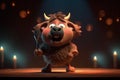 Cute Cartoon Buffalo With Very Big Eyes Singing Stage A Grand Stage With A Spotlight Shining A Solo Character. Generative AI