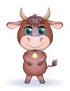 Cute cartoon bull with a bell on his neck with beautiful blue eyes with a bouquet of flowers. Children`s illustration