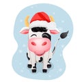 Cute cartoon bull, cow in red santa claus hat. Happy New Year Royalty Free Stock Photo
