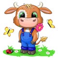 Cute cartoon bull with flower and butterflies.