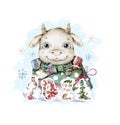 Cute Cartoon Bull in Santa with gift box. Hand drawn watercolor christmas illustration. Chiness New Year symbol Nursery clip art
