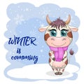 Cute cartoon bull with a scarf on his neck with beautiful blue eyes with a bouquet of flowers. Children`s illustration