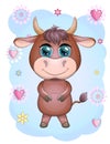 A cute cartoon bull standing with a smile with beautiful blue eyes among the flowers. Children`s illustration