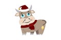Cute cartoon bull symbol of 2021 wearing santa hat and scarf.