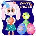 Cute cartoon bunny with chicken and easter egs