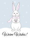 Cute cartoon bunny with hot cocoa mug sending warm wishes. Christmas card