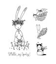 Cute cartoon bunny and kitten. Funny hare and cat. Happy animals. Quick sketches. Drawn by hand - Vector