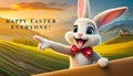 Cute cartoon bunny points at text \