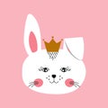 Cute cartoon bunny princess. Greeting card with charming face rabbit on pink background