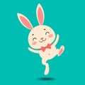 A cute cartoon bunny in a red bow tie is jumping, dancing and smiling. Isolated on turquoise background Royalty Free Stock Photo
