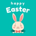 A cute cartoon bunny in a red bow tie is looking out of the hole and smiling. Isolated on turquoise background. Royalty Free Stock Photo