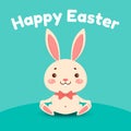 A cute cartoon bunny in a red bow tie is sitting and smiling. Isolated on turquoise background. Royalty Free Stock Photo