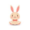 A cute cartoon bunny in a red bow tie is sitting and smiling. Isolated on white background. Royalty Free Stock Photo