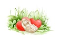 Cute cartoon bunny sleeping with red hearts on the green grass watercolor illustration. Hand drawn little rabbit with love symbol.