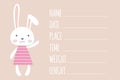 Cute cartoon bunny,template page for a newborn baby height, weig Royalty Free Stock Photo