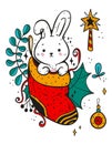 Cute cartoon bunny wearing a Christmas sock. Doodle illustration of a rabbit. Print for postcard or poster. Royalty Free Stock Photo