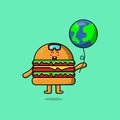 Cute cartoon Burger floating with world balloon