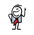 Cute cartoon businessman points finger up to attract attention to important information.