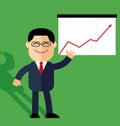 Cute cartoon businessman points to growth statistics. Annual statistics.