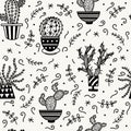 Cute cartoon cacti seamless vector pattern. Hand-drawn black doodle. Outline succulents. Thorny plants in pots. Botanical sketch. Royalty Free Stock Photo