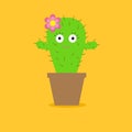 Cute cartoon cactus with eyes and flower in the pot. Flat design.