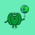 Cute cartoon cactus floating with world balloon