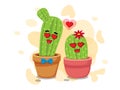 Cute cartoon cactus on flowerpot. Vector illustration decorative element on valentine`s day collection