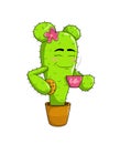 Cute cartoon cactus mascot with a cup of coffee and pink flower on her head Royalty Free Stock Photo