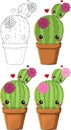 Cute cartoon cactus in pot with little baby cactus and flowers sketch template set. Vector illustration in color and black and whi Royalty Free Stock Photo