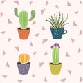 Cute cartoon cactus in the pot. Succulent flower in the mug. Cute hand drawn cacti home plant collection