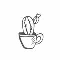 Cute cartoon cactus vector icon. Hand drawn black outline of succulent. Echinopsis in a pot. Doodle of a thorny plant. Cozy