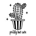 Cute cartoon cactus vector icon. Hand drawn black outline of succulent. Echinopsis in a striped pot. Doodle of a thorny plant.