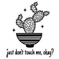 Cute cartoon cactus vector illustration. Hand drawn black outline of a potted plant. Succulent plant on a white background. Doodle