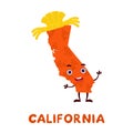 Cute cartoon California state character clipart. Illustrated map of state of California of USA with state name. Funny character Royalty Free Stock Photo