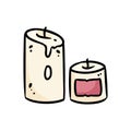 Cute cartoon candles doodle image. Hygge time logo. Media highlights graphic symbol