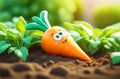 Cute cartoon carrot on garden bed Royalty Free Stock Photo