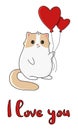 Cute cartoon cat with balloons. Happy Valentine\'s day greeting card. Royalty Free Stock Photo