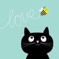 Cute cartoon cat. Bee dash line love Flat design style.