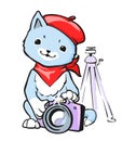 Cartoon cat with beret and bandana taking a photo shot with dslr camera. young artist kitten photographer, tripod, cute