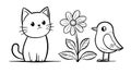 Cute Kitten, Bird, and Flower Line Art Royalty Free Stock Photo