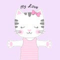 Cute cartoon cat with a bow and inscription my love. Royalty Free Stock Photo