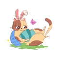 Cute cartoon cat with bunny ears lying on his back and playing with an Easter egg isolated on a white background in doodle style Royalty Free Stock Photo