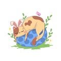 Cute cartoon cat with bunny ears sleeping on a huge Easter egg isolated on a white background in doodle style Royalty Free Stock Photo