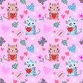 Cute cartoon cat and butterfly with heart shape seamless pattern. Royalty Free Stock Photo