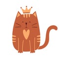 Cute cartoon cat with a crown on his head sits and smiles. A simple adorable character for Valentine`s day greeting cards. Vector