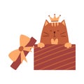 A cute cartoon cat with a crown on his head is sitting in a gift box and smiling. A simple adorable character for Valentine`s day Royalty Free Stock Photo