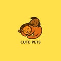 Cute Cartoon Cat and Dog Logo. Sleepy Pets Vector Icon. Little Puppy and Kitten Sleep Illustration. Royalty Free Stock Photo