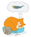 Cute cartoon cat dreaming of a fish as food