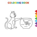Cute cartoon cat with fish on bowl coloring book for kids. black and white vector illustration for coloring book. cat with fish on Royalty Free Stock Photo