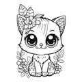 Cute cartoon cat with flowers. Wild kitten in line drawing. Royalty Free Stock Photo